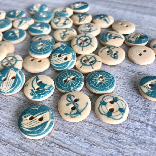 15 mm NAUTICAL BUTTONS x 10, Cute little nautical buttons, Wooden coastal style buttons, 15 mm round buttons, Nautical embellishment