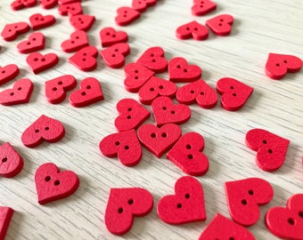 Red Wooden Heart Buttons: 20mm Painted Craft Supplies
