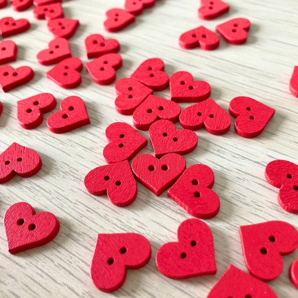 10 Red Wooden love heart buttons. Romantic (20mm) Painted wood, quirky buttons. Bright colourful buttons, 2 hole