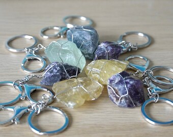 Semi precious stone keyrings. Natural Citrine, Amethyst, Fluorite, Lapis Lazuli. Unique gift. Eco-friendly copper wire. Split key rings. UK