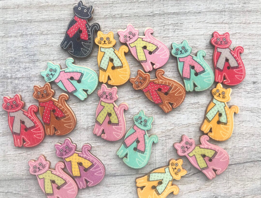 10 Cute Cat Wooden Buttons, Colourful Novelty Kitten Craft Button for ...