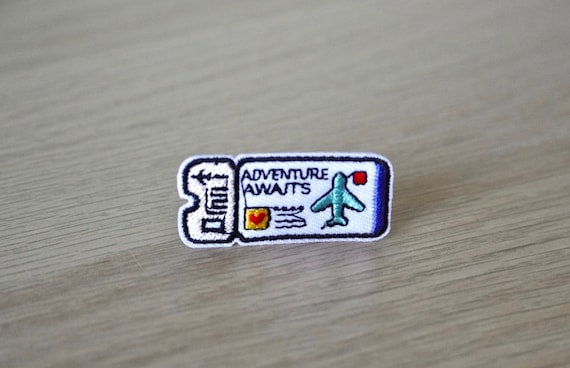 Travelling Patch, Plane Ticket, Adventure awaits. Tourist, gift for traveller. Explorer. Airplane. Embroidered Sew on / Iron on Patch Badge
