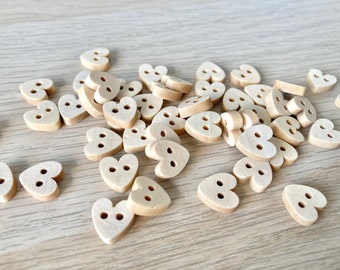 10 Little Wooden love heart buttons. RUSTIC (10mm) Light wood, baby buttons. New baby buttons. 2 hole