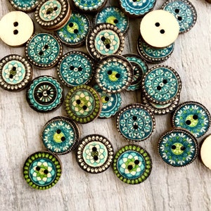 10 Wooden Boho, Psychedelic Buttons, 1.5cm. Sustainable, Natural Buttons - pack of 10, earthy, bohemian, Ethnic, Indian. BLUE & GREEN