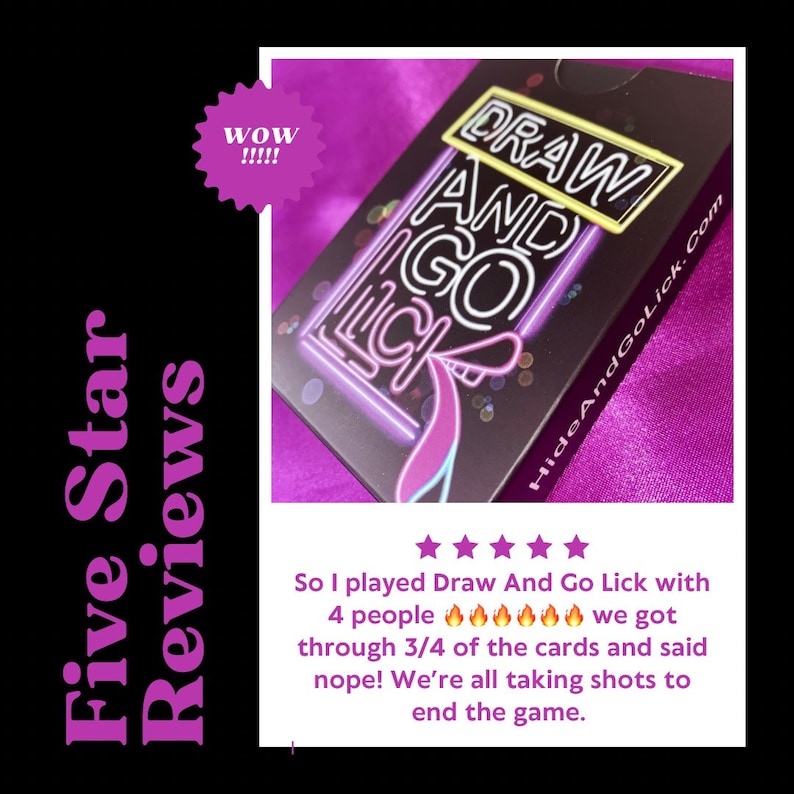 K&ouml;nnte beinhalten: Eine F&uuml;nf-Sterne-Bewertung f&uuml;r das Kartenspiel Draw And Go Lick. Die Bewertung besagt, dass das Spiel mit vier Personen gespielt wurde und sie 3/4 der Karten durchgespielt haben, bevor alle beschlossen, Shots zu trinken und das Spiel zu beenden.