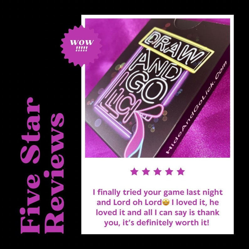 K&ouml;nnte beinhalten: Eine F&uuml;nf-Sterne-Bewertung f&uuml;r ein Spiel namens "Draw and Go Lick". Die Spielbox ist schwarz mit neongelben, pinkfarbenen und blauen Buchstaben. Die Bewertung lautet: "Ich habe Ihr Spiel letzte Nacht endlich ausprobiert und Herr, oh Herr, ich habe es geliebt, er hat es geliebt und alles, was ich sagen kann, ist danke, es ist es auf jeden Fall wert!"