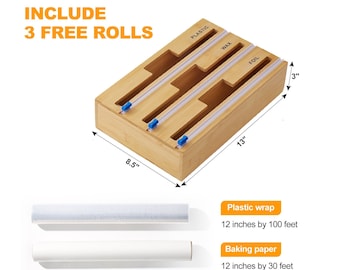 Saran Wrap Organizer with Cutter - Kitchen Drawer Organizer for Foil and Plastic Wrap Cutter 3 Free Rolls, Storage for Plastic Wrap and Foil