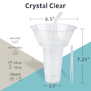 Op de afbeelding: Een 30-pack met heldere plastic bekers en deksels met een rietje. De bekers zijn 24 oz en 16 oz. De deksels hebben een diameter van 16,5 cm en de bekers zijn 18,4 cm hoog. De bekers zijn BPA-vrij en recyclebaar.