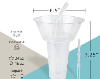 Disposable Snack and Drink Cup, Drink and Snack Cup in One,  Stadium Tumbler Cups with Bowl on Top, 24 oz Plastic Bowl on 16 oz Plastic Cup