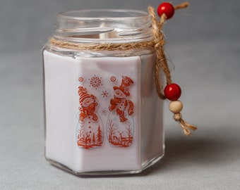 Christmas Organic Soy Wax Candle | Wooden Wick Candle with Oil | Snowman Holiday Decor | New Year Gift Candle | Christmas Sweets Aroma