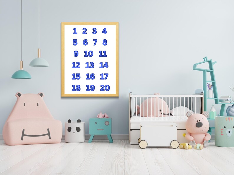 Kids Educational Numbers Poster, Blue Counting Printable Wall Art for