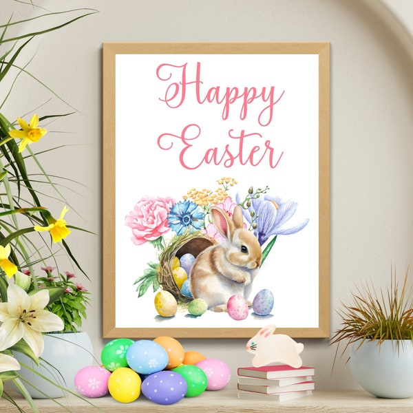 Floral Happy Easter Sign, Easter Printable Wall Art, Watercolor Easter Bunny with Eggs Print, Country Spring Flowers Cottagecore Decor