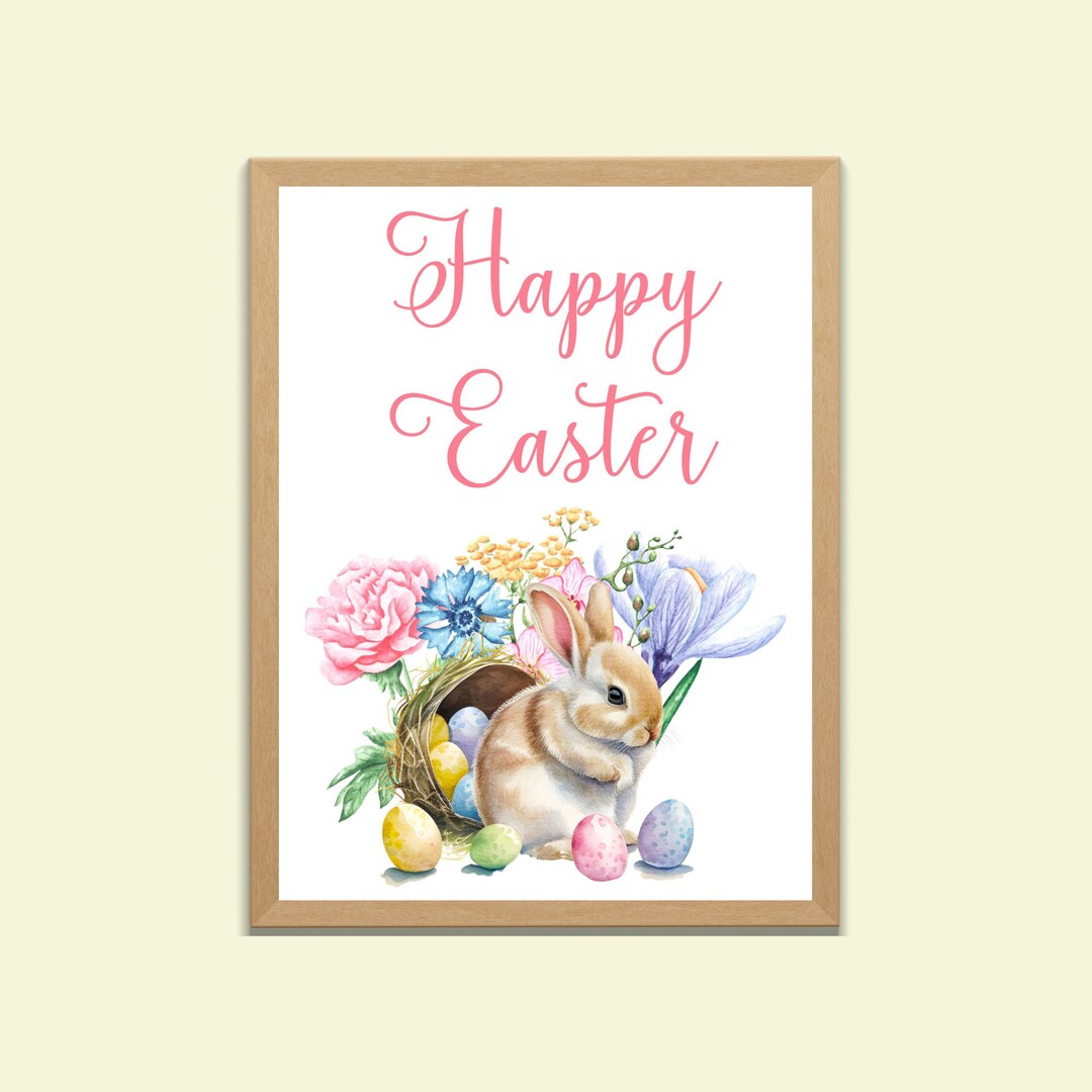 Floral Happy Easter Sign, Easter Printable Wall Art, Watercolor Easter ...