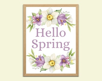 Hallo lente teken, narcis en saffraan bloemen afdrukbare muurkunst, aquarel bloemenprint, botanisch land Cottagecore decor