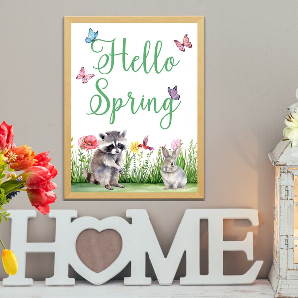 Woodland Animals Hello Spring Sign, Raccoon and Bunny Printable Wall Art, Watercolor Nature Botanical Print, Country Cottagecore Decor