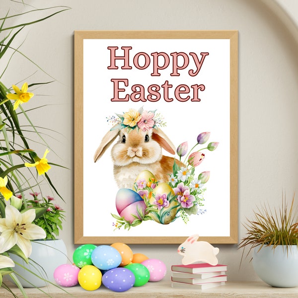 Happy Easter Sign, Easter Printable Wall Art, Watercolor Easter Bunny with Eggs Print, Spring Aesthetic Country Cottagecore Decor