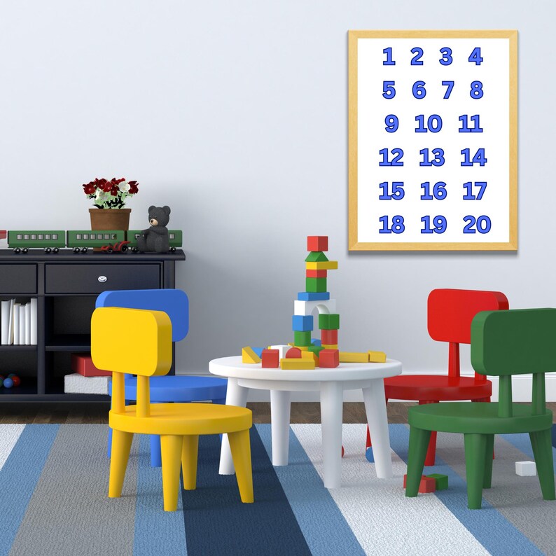 Kids Educational Numbers Poster, Blue Counting Printable Wall Art for