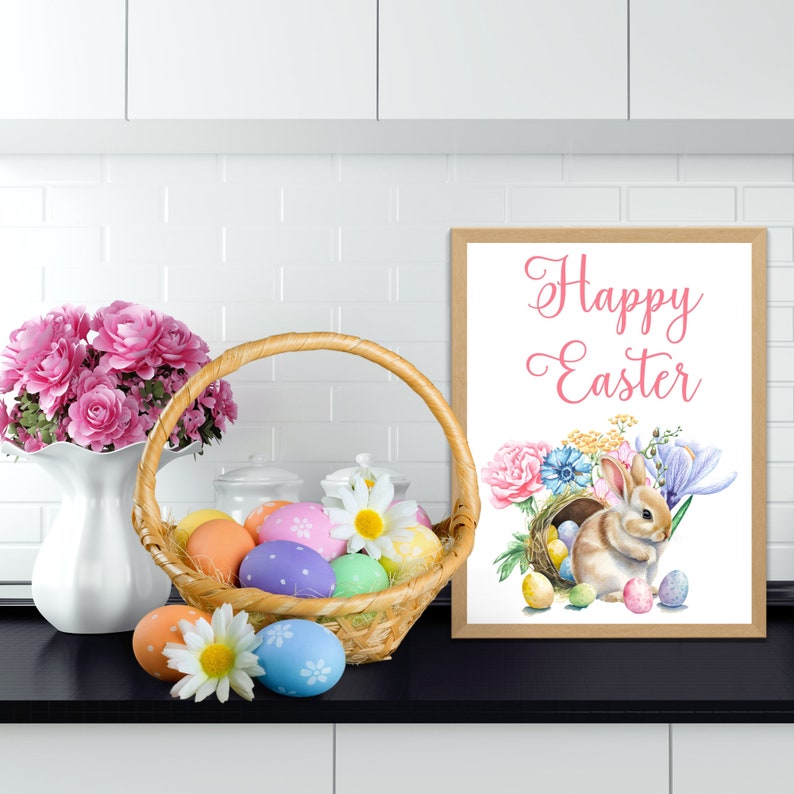 Floral Happy Easter Sign, Easter Printable Wall Art, Watercolor Easter ...