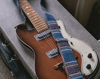 Vintage Guitar Strap / Custom Guitar Strap, Blue Striped Woven Design, LTD Edition "Ink", Handmade in the UK