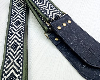 Handmade Guitar Strap - Vegan Cork Leather Ends - Handcrafted in the UK - Suitable for Acoustic, Electric and Bass Guitar