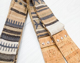 Handmade Guitar Strap - Southwestern / Blue - Cork Leather Ends - UK Handcrafted - Suitable for Acoustic, Electric and Bass Guitar