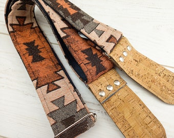 Retro Guitar Strap - Vegan Guitar Strap - Cork Leather Ends - Handcrafted in the UK - Suitable for Acoustic, Electric and Bass Guitar