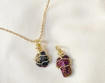 Handmade Peacock Ore Crystal Pendant, Wire Wrapped