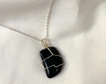 Wire Wrapped Black Obsidian Pendant, Lower Chakra Stone