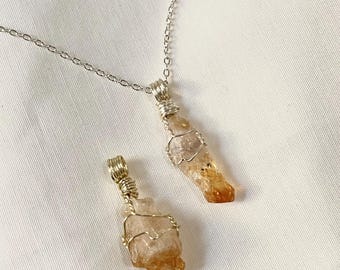 Wire Wrapped Citrine Pendant - Silver and Gold Crystal Jewelry