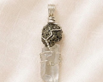 Pyrite & Clear Quartz Crystal Pendant | Natural Gemstone Necklace | Protection Clarity Abundance | Unique Wire Wrapped Gift