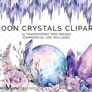 Mondkristalle Clipart Bundle - Pastell Aquarell Heilung Magie Transparentes PNG-Format für kommerzielle Nutzung | Kristalle Quarz Amethyst | CLIP-88