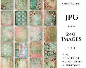 200+ A4 & Letter Scrapbook Papers Printable Green Pink Grunge Distressed Digital Half-Letter Commercial Use including POD Card Making NS21
