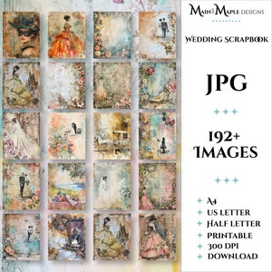 Paquete de papeles imprimibles para bodas 192 Shabby Chic Vintage Wedding Scrapbook Digital A4, Carta, Diario basura de bodas de media letra NS40
