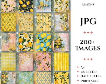 Lemons Lemonade Bundle 200+ Shabby Chic Printable Papers Distressed Scrapbook Digital A4, Letter, Half-Letter Decoupage Summer NS41