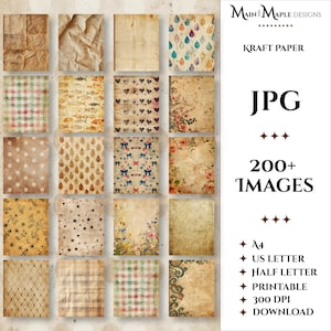 Lot de 200+ papiers de scrapbooking imprimables numériques A4, lettre, demi-lettre arrière-plans rayures grunge papier kraft brun neutre NS31