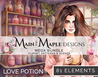 Love Potions Apothecary Clipart & Designs Big Bundle Magic Spells, Romance Witchy Transparent PNGs Commercial Use | CLIP-65