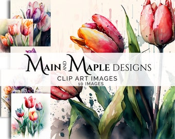 Tulips Watercolor Art PNG Files Clipart with Commercial Use POD Junk Journaling Card Making Scrapbooking Flowers Floral CLIP-53