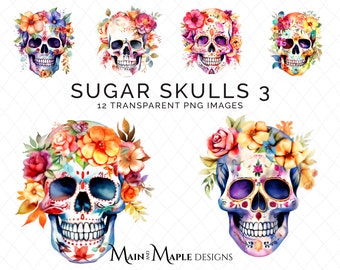 Sugar Skulls Clipart | 12 Images | Transparent PNG Files | Commercial Use | Card Making Scrapbooking | Floral Skulls Clipart | CLIP-71