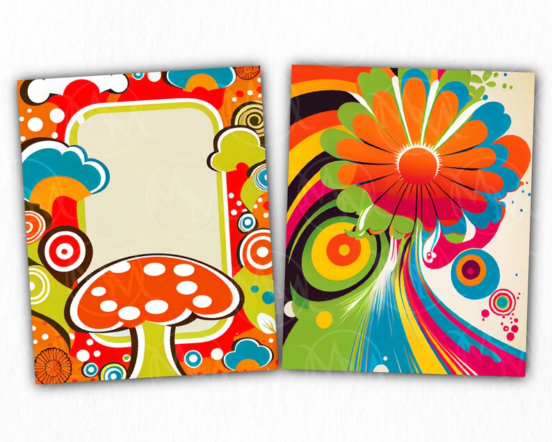 Groovy Flowers 1970's Vibrant Clipart With Commercial Use for Card