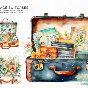 Vintage equipaje Clipart paquete viaje transparente PNG imágenes maletas POD uso comercial invitaciones basura diario CLIP-124