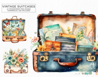 Vintage Luggage Clipart Bundle Travel Transparent PNG Images Suitcases POD Commercial Use Invitations Junk Journaling CLIP-124
