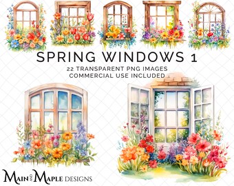Spring Windows Clipart | 22 Images | Transparent PNG Files | Commercial Use | Card Making Scrapbooking | Cottage Windows, Flowers | CLIP-105