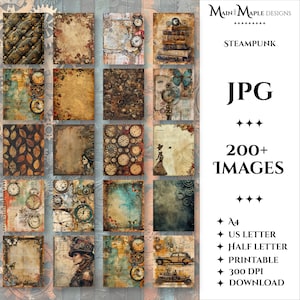 Steampunk Big Bundle 200+ Papeles de álbum de recortes imprimibles Digital A4, Carta, Imágenes de media letra Steam Punk Industrial Journaling Paper NS34