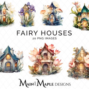 Flower Fairy Houses Clipart Fairytale bundle, kids art, watercolor clip art, transparent digital download, Fairies | CLIP-98