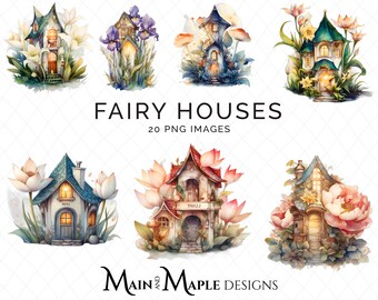 Flower Fairy Houses Clipart Fairytale bundle, kids art, watercolor clip art, transparent digital download, Fairies | CLIP-98