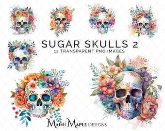 Sugar Skulls Clipart | 12 Images | Transparent PNG Files | Commercial Use | Card Making Scrapbooking | Floral Skulls Clipart | CLIP-70