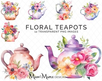 Floral Teapots Clipart | 12 Images | Transparent PNG Files | Commercial Use | Card Making Scrapbooking | Watercolor Teapot Clipart | CLIP-68