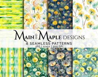 Seamless Patterns Dandelions | Digital Paper | Commercial Use | Summer Summertime | 8 Patterns BUNDLE-77