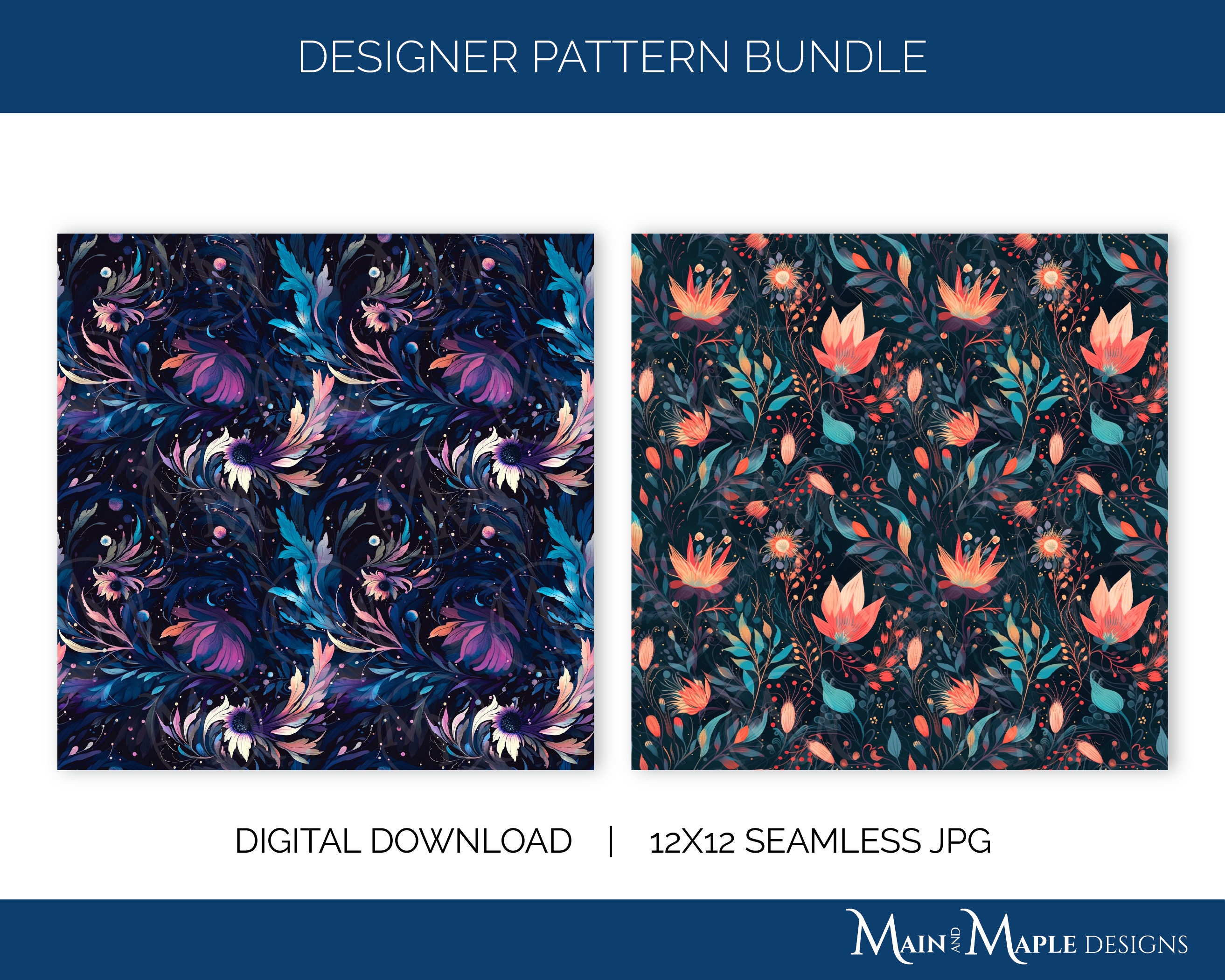 Midnight Gardens Seamless Patterns Digital Paper Commercial Use Flowers ...