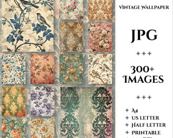 Vintage Wallpaper 300+ Printable Papers Patterns Scrapbook Digital Download A4, Letter, Half-Letter Junk Journaling NS45